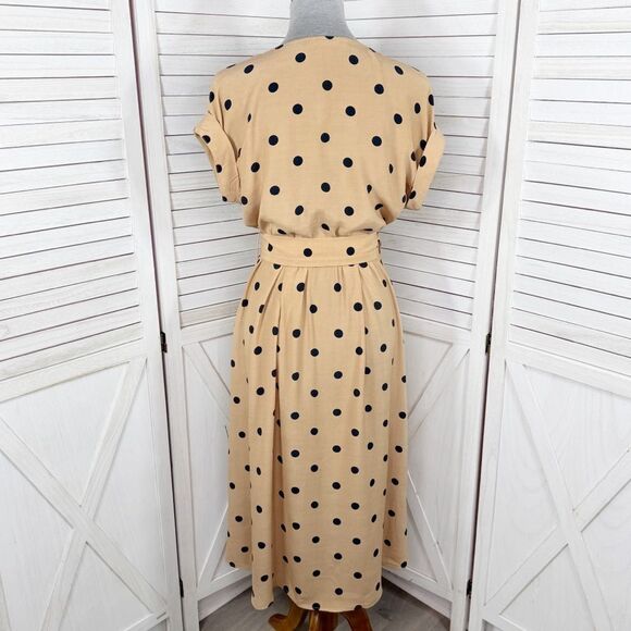 Mango Polka Dot Belted Fit Flare Midi Dress Tan Black Small 4 - Picture 6 of 13